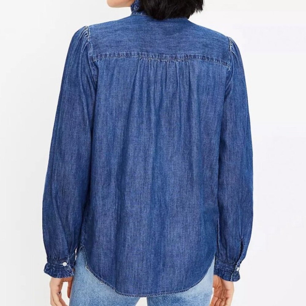 LOFT Ruffled Denim Button-Up Blouse - Blue - Picture 3 of 7
